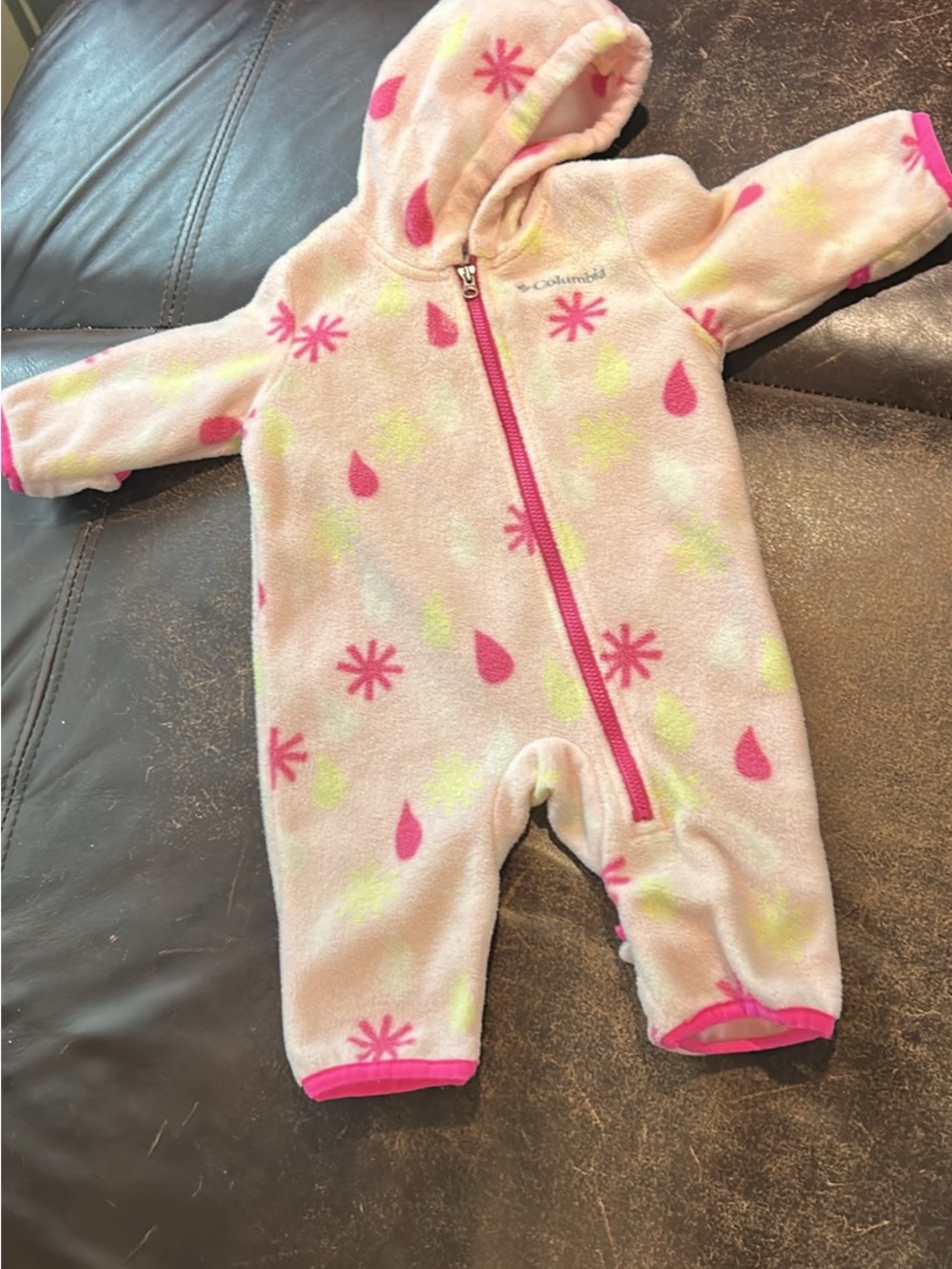 Columbia Pink Fleece Hooded Footie with Neon Accents